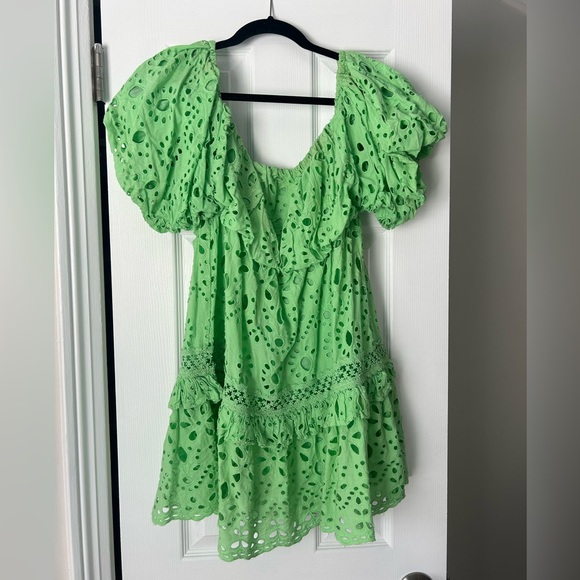 ASOS Edition Blouson Off Shoulder Tiered Broderie Green Mini Dress - Picture 3 of 5